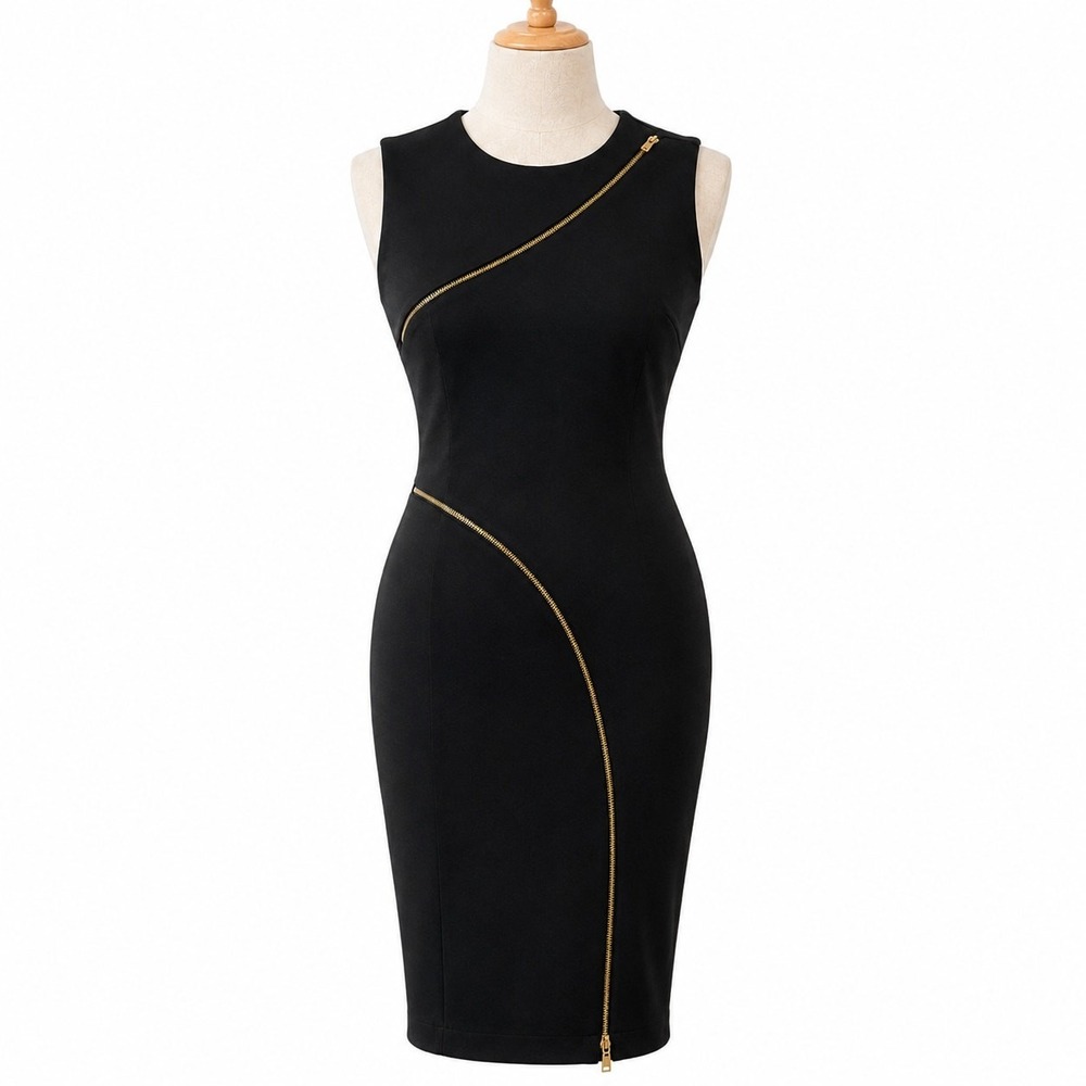 Calvin Klein Black‎ Dress Gold Zip Detail Sleeveless Midi Size 6 Bodycon LBD